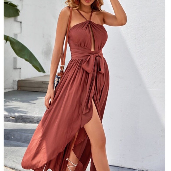 SOLD OUT CLEARANCE Brown Sexy High Slit Plunge Belted Dress - Picture 4 of 6